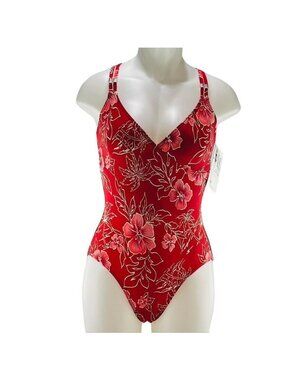 Red Floral Print One-Piece Swimsuit With V-Neck By I.F. Size 10 Nylon & Spandex